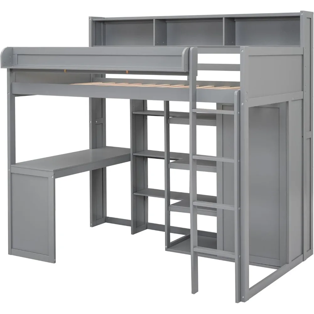 Twin Loft Bed.Twin Size Loft Bed with Wardrobe, Desk and Multiple Storage Shelves, Solid Wood Loft Bed Frame with Bookshelf