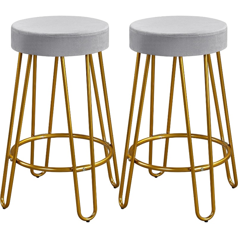 Round Kitchen Counter Stool Home Bar Height Stools with Golden Hairpin Legs Upholstered Velvet Seat for Dining Room, Set of 2