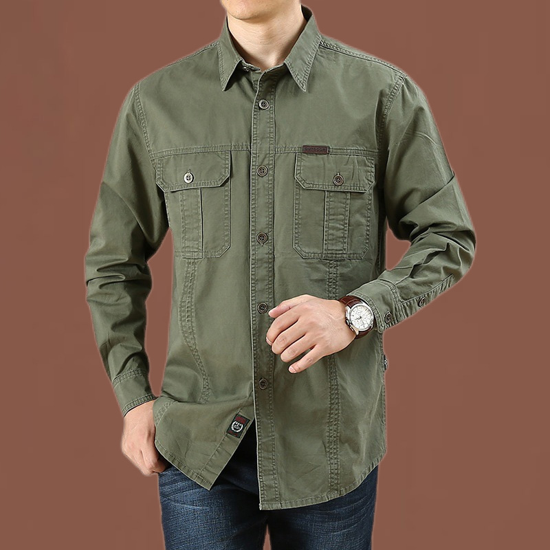 Camisas militares para exteriores para hombre, camisas informales de algodón con múltiples bolsillos para herramientas, camisas de manga larga de Color sólido de alta calidad para hombre 5XL
