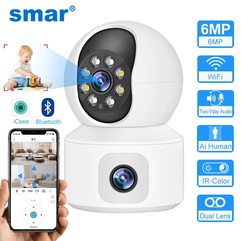 Cámara WiFi Smar de 6MP con pantallas duales Audio bidireccional Monitor de bebé cámaras IP PTZ para interiores vigilancia CCTV seguridad del hogar ICSee