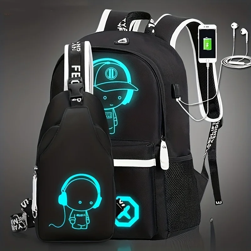 2 pz/set zaino Casual da uomo semplice e di grande capacità, borsa a tracolla con stampa di cartoni animati da viaggio e Set di borse sul petto