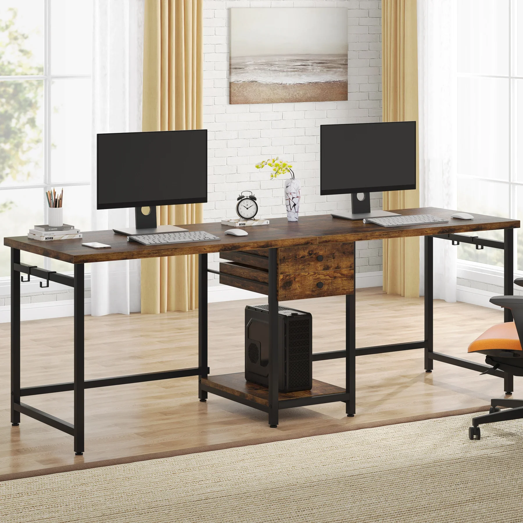 Tribesigns 78.74’’ Two Person Desk with 2 Drawers, Long Double Computer Desk Gaming Table with Shelves