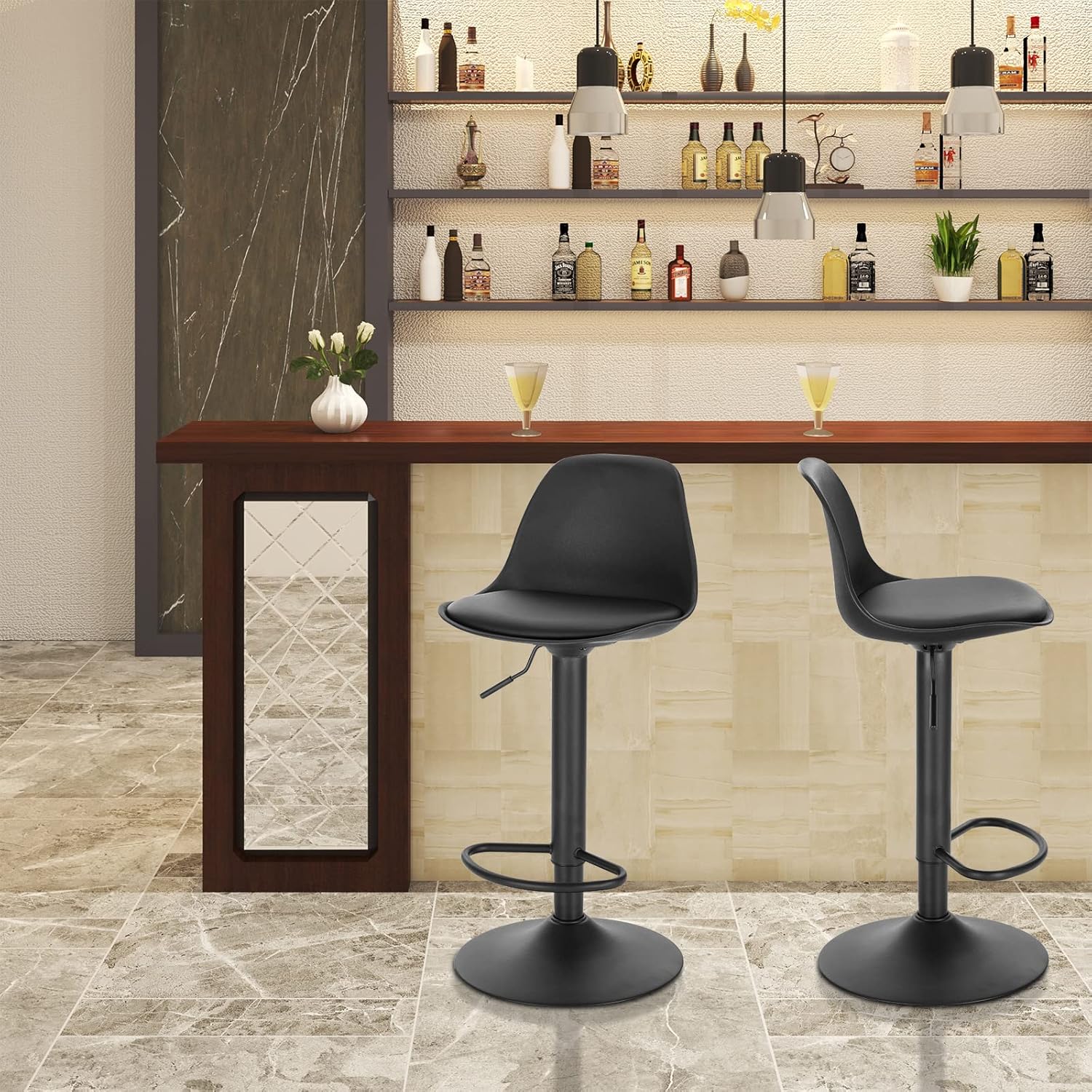 Barhocker Set of 2 Upholstered Swivel Stool mit Luftheber-Design Kunstleder Barstuhl mit Lehne Küchen