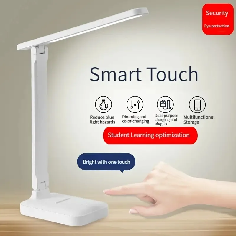 โคมไฟตั้งโต๊ะ LED สัมผัส สีขาว พับได้ สำหรับห้องนอน ข้างเตียง อ่านหนังสือ ถนอมสายตา พร้อมปลั๊ก USB ปรับความสว่างได้