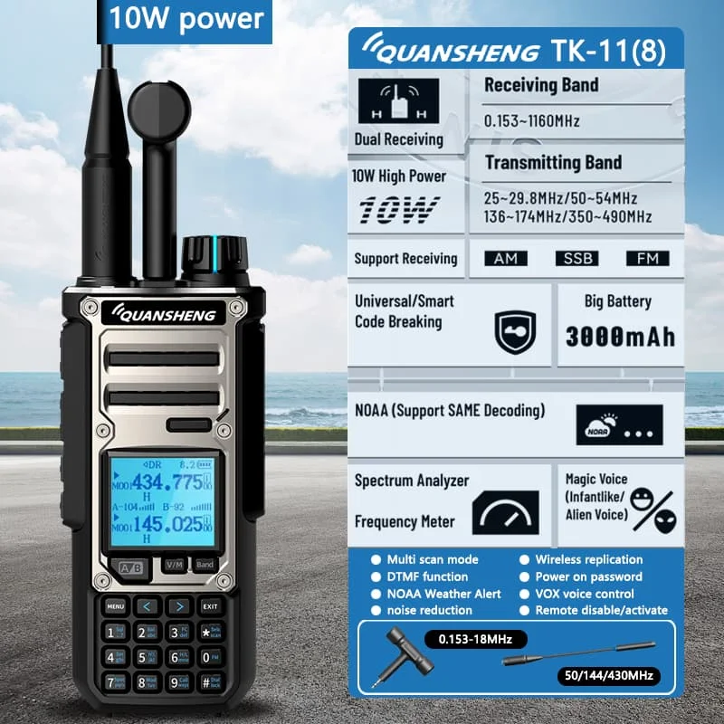 ​ Quansheng TK-11(8) 10W VHF/UHF Rádio de banda dupla 999CH CTCSS/DCS IP55 2500mAh Tipo-C NOAA Alarme meteorológico CE