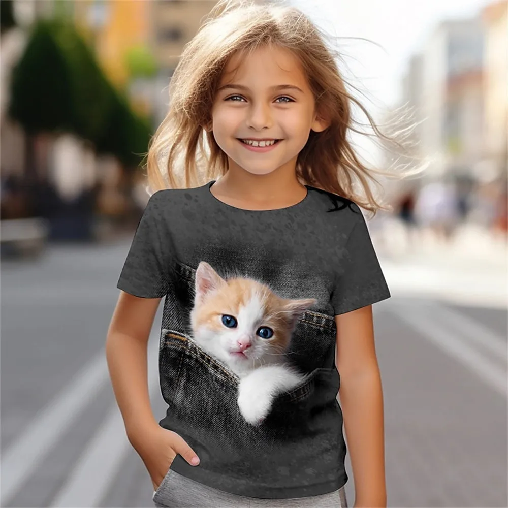 สาวเสื้อผ้า 3D Cat พิมพ์เสื้อผ้าเด็กแขนสั้น Tee Tops ฤดูร้อนเด็กเสื้อผ้าสบายๆเด็ก Top แมวสาว T เสื้อ