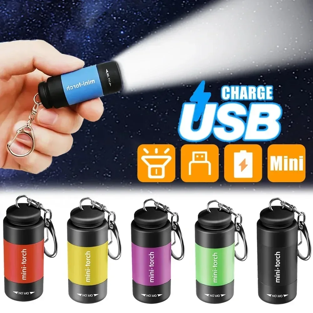 Portable Mini Flashlight Keychain Light USB Charging Pocket LED Lights Small Torch Rotary Switch Emergency Flashlights