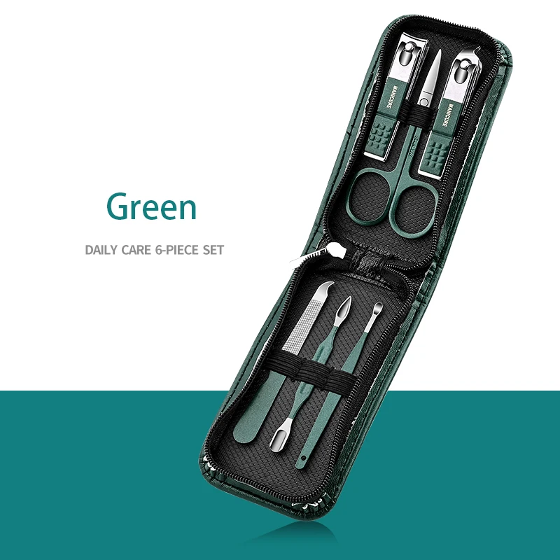 Set manicure verde con custodia in pelle Kit di strumenti professionali per la cura del piede e del viso Set di tagliaunghie in acciaio inossidabile regalo