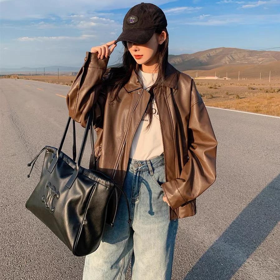 Jaqueta de Couro Marrom Retro Fena Estilo Hong Kong Nova Primavera Outono Alta Largura Estilo Americano Jaqueta de Motoci...