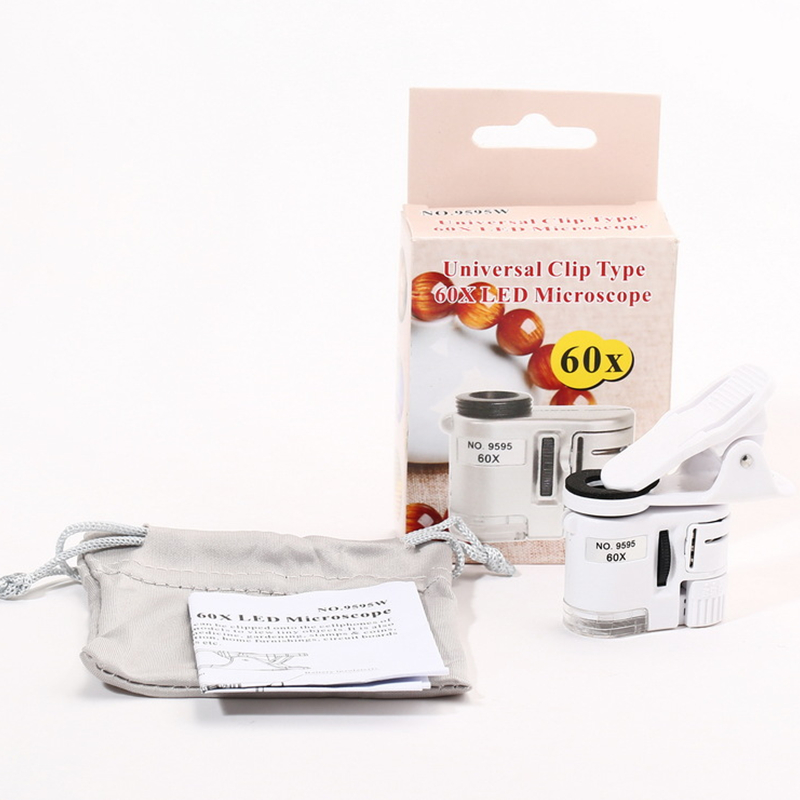 Universal Clip กล้องจุลทรรศน์ 60X LED เครื่องประดับแว่นขยายโฟกัสปรับกล้องจุลทรรศน์พ็อกเก็ตพร้อมคลิปโทรศัพท์มือถือ UV Light