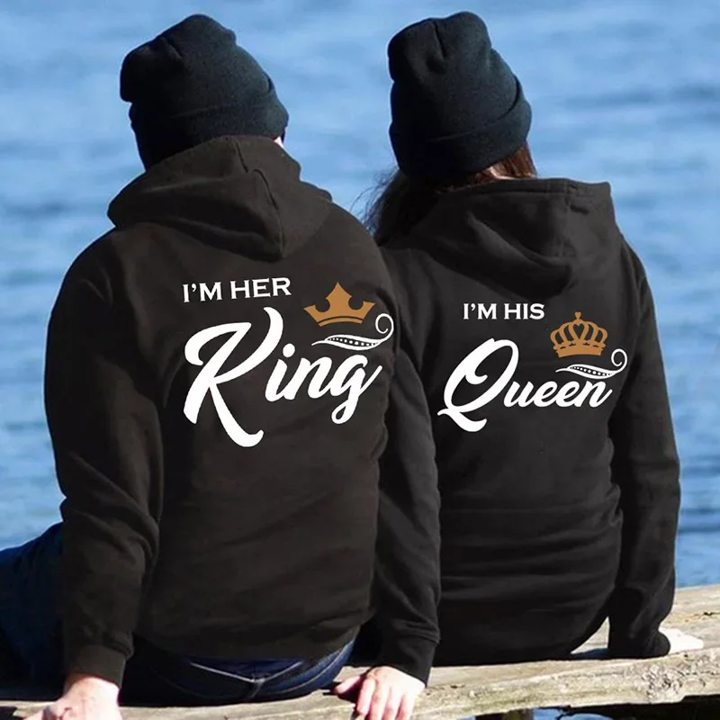 Impresión de su rey o su amante de la reina sudaderas con capucha Harajuku moda Casual mujeres hombres ropa amantes sudadera pareja sudaderas con capucha