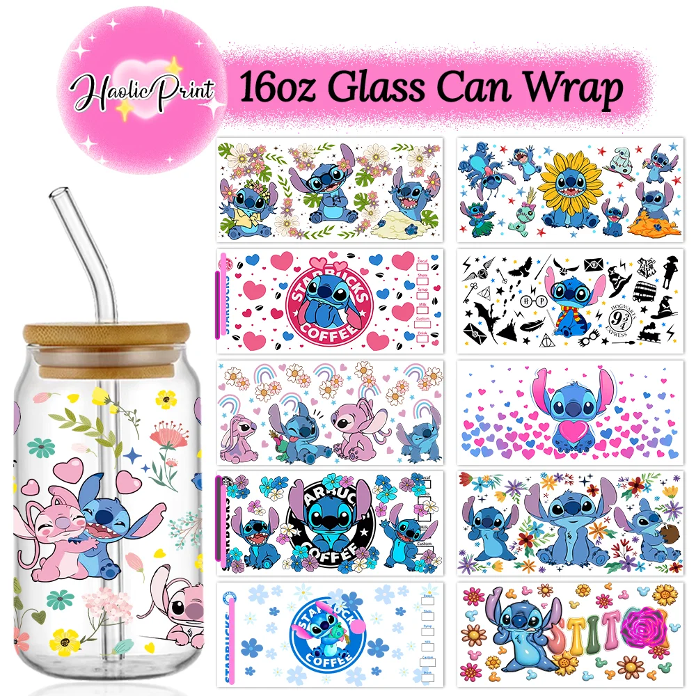 Stitch 16oz UV DTF Cup Wrap Libbey Glass Beer Can tumbler Transfer Stickers Waterproof Permanent Adhesive Spring Flower Cartoon