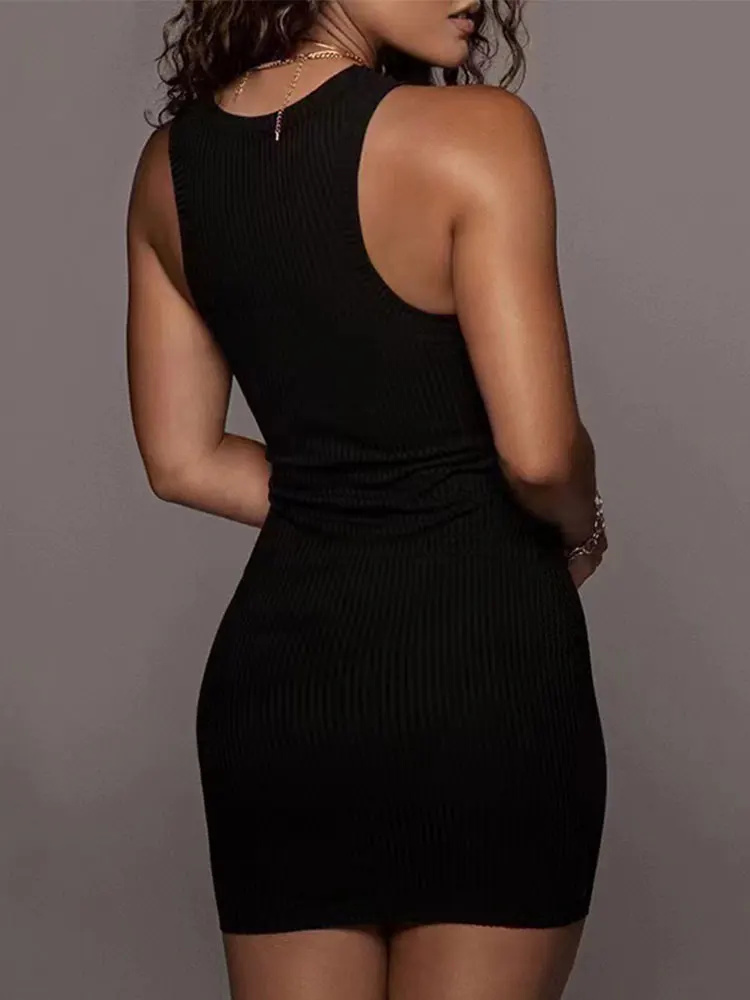 Schwarzes geripptes, figurbetontes Sommerkleid, sexy Weste, ärmellose Weste, Club-Party-Minikleid, einfarbig, eng anliegend