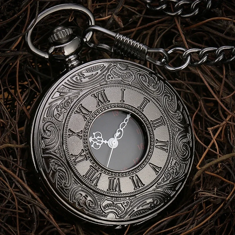 นาฬิกาพ็อกเก็ตวินเทจโบราณโรมันควอตซ์ Steampunk นาฬิกาพ็อกเก็ตสีดํา Hollow Out จี้นาฬิกาสร้อยคอสร้อยคอผู้ชายของขวัญ