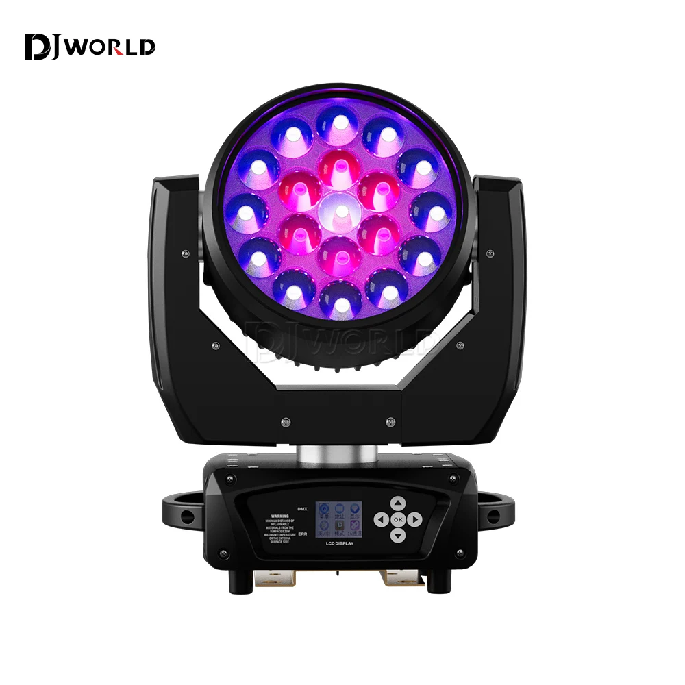 19x15W LED Wash Zoom Beam Moving Head Light RGBW DMX 512 สําหรับ Professional Stage Disco Party Bar KTV Bar Stage Effect Lighting