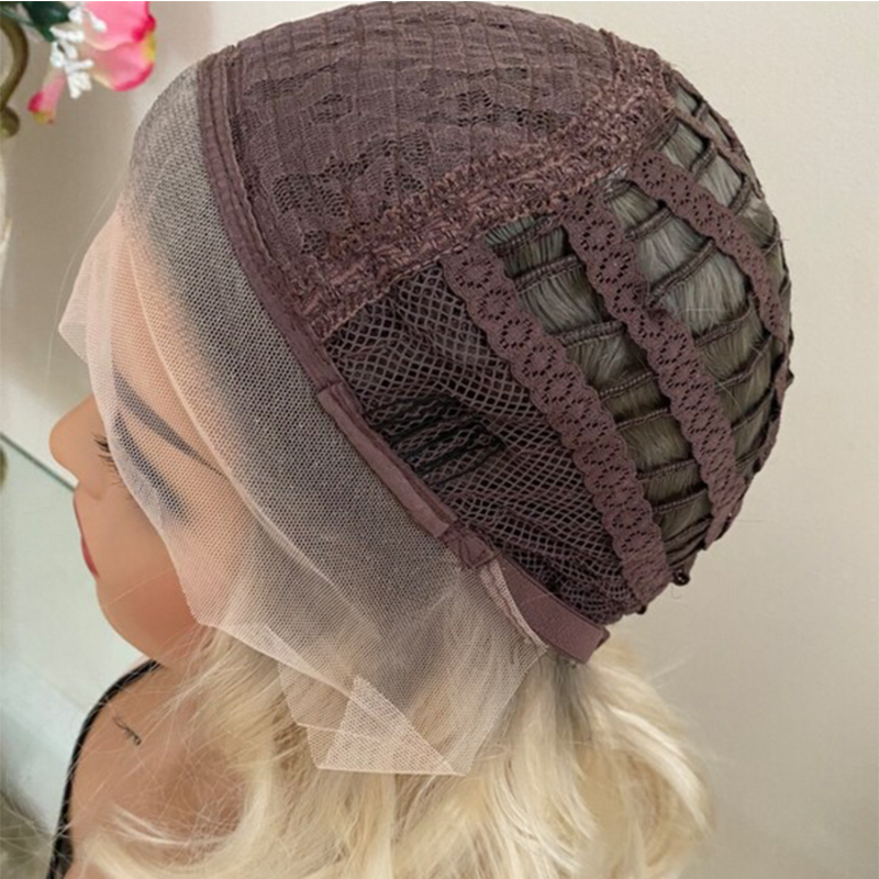 Platinum Blonde Lace Front wig With Grey Roots Thick Shoulder Wavy Synthetic Hair 16" 150% Density Ready to Ship 10% Human Hair