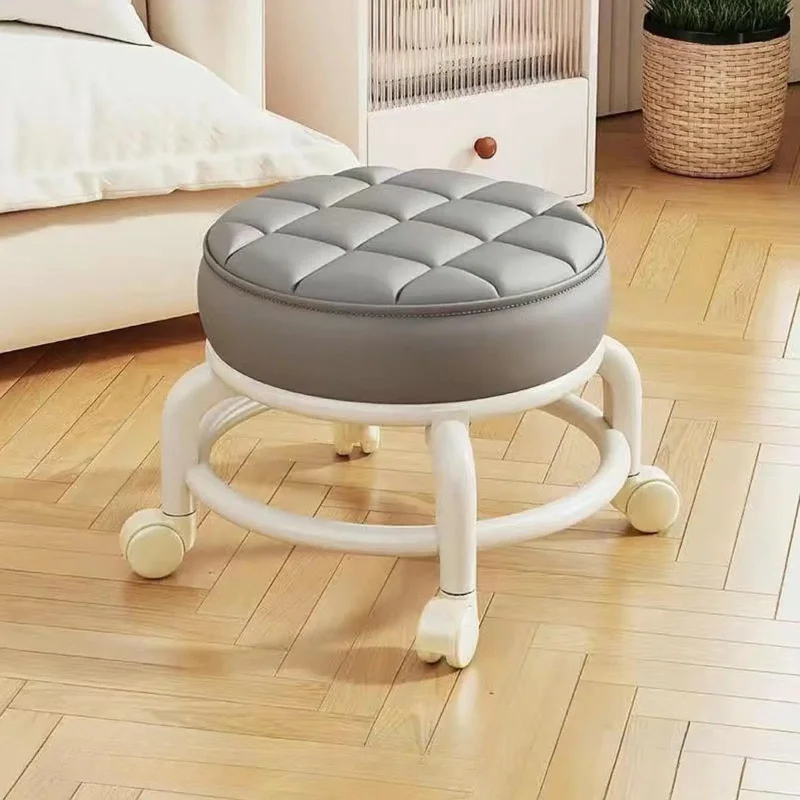 Sgabello con rotelle in pelle PU con ruote - Ottomano portatile rotondo resistente all'umidità, cuscino del sedile ispessito, sgabello a basso profilo per Vani