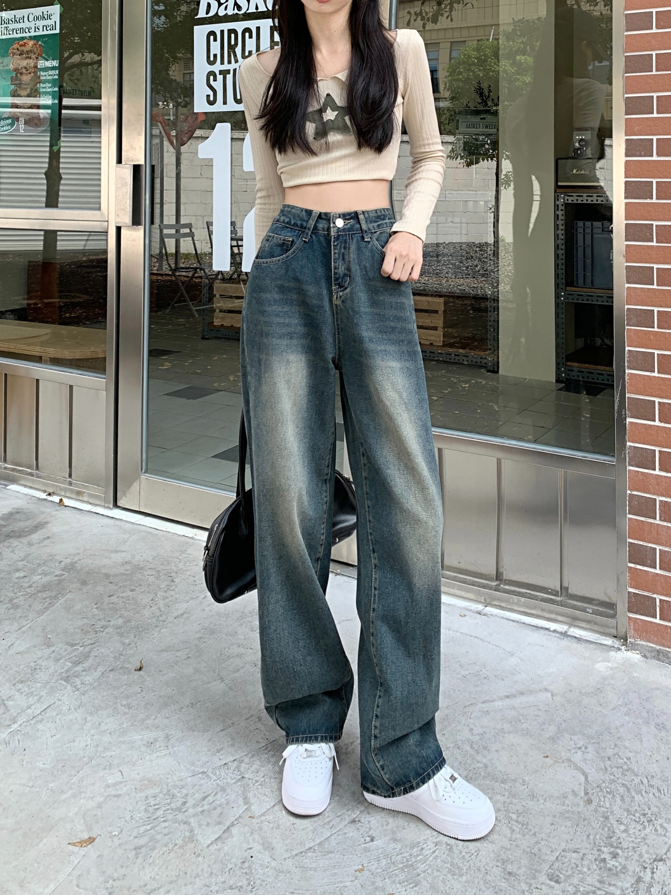 レトロブルーワイドレッグデニムパンツ女性のルーズ長ズボンハイウエストストレートカット床長さのジーンズ夏の新スタイル
