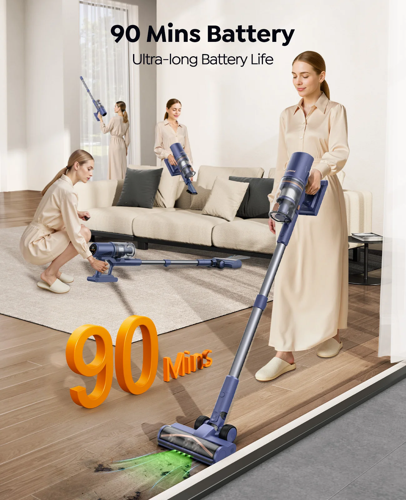 Aspirapolvere senza fili ultra resistente Laresar V11 650W 75000PA, lunga durata di 90 minuti, batteria rimovibile e aspirapolvere con display intelligente