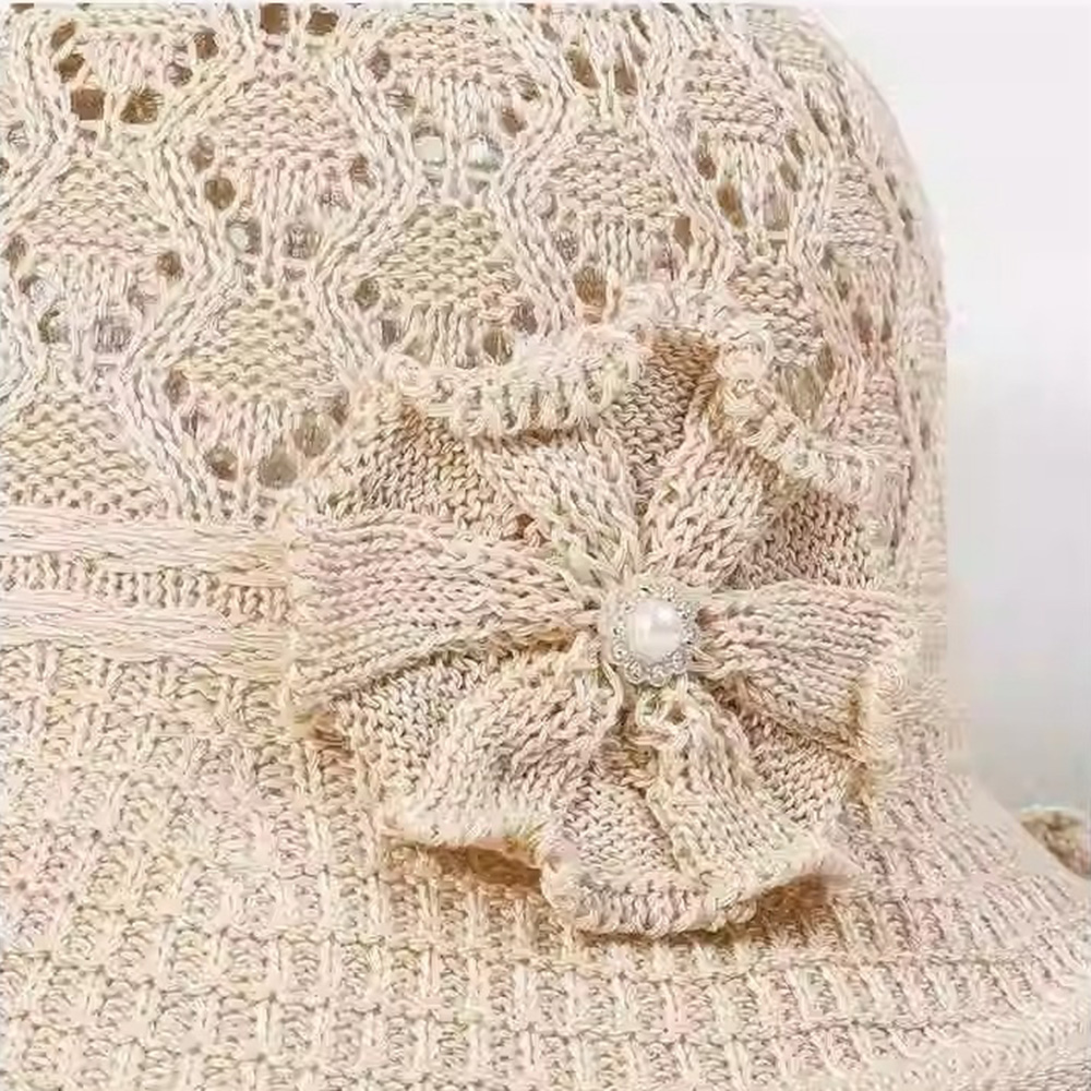 Sun Protection Flower Pearl Woven Hat Breathable Braided Flower Sun Hat Adjustable Foldable Knit Fisherman Cap Beach