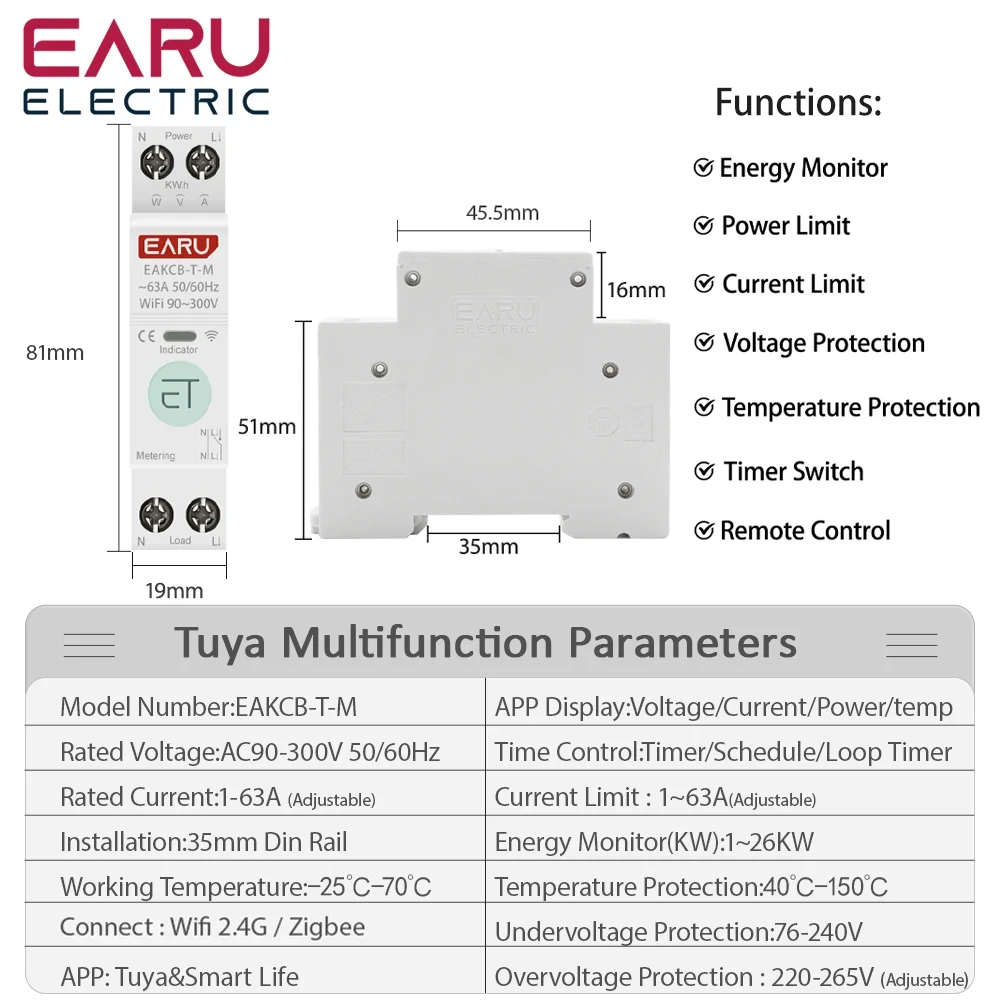 Zigbee TUYA WiFi disyuntor inteligente sobrecorriente bajo voltaje protección medición de potencia 1-63A interruptor de Control remoto inalámbrico