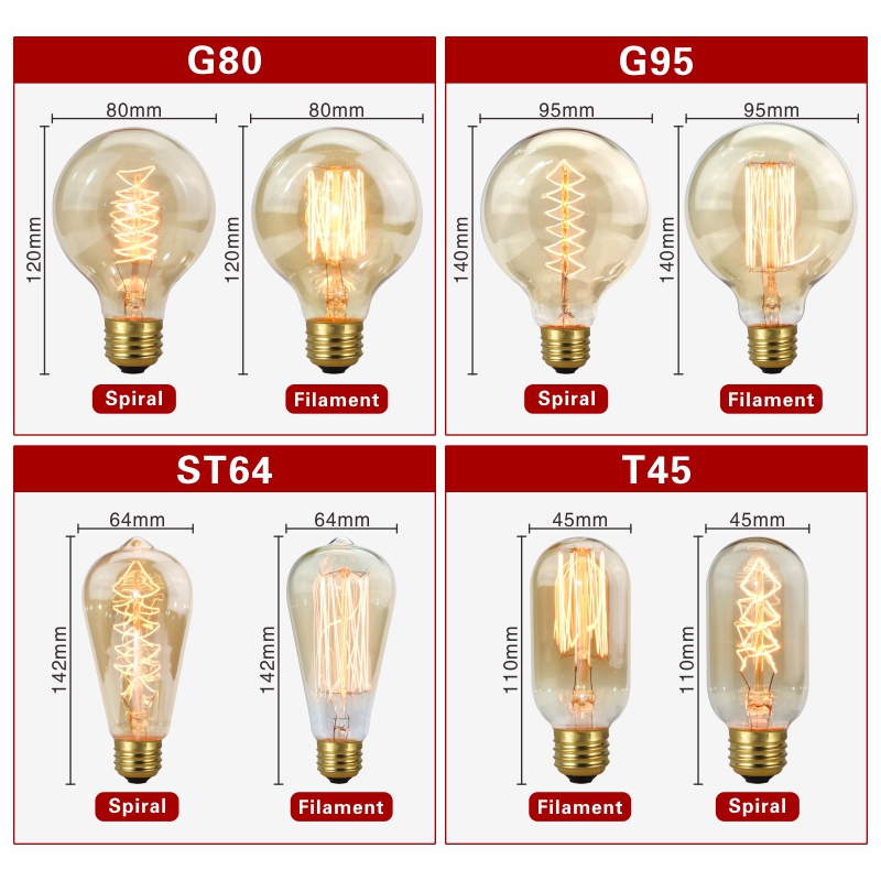 Retro Edison หลอดไฟ E27 220V 40W หลอดไฟ A60 ST58 ST64 T10 T45 T185 G80 G95 Filament Vintage Ampoule หลอดไส้เกลียวโคมไฟ