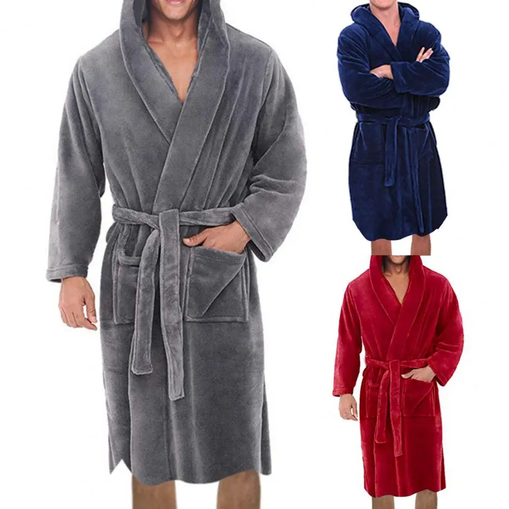 Cinto flanela roupão de banho para homens bolsos quentes com capuz camisola de pelúcia roupão de banho masculino roupas de casa pijamas soltos robe