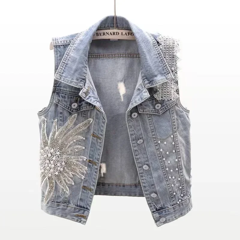 Moda rendas frisado denim colete feminino cardigan 2025 nova primavera sem mangas jaqueta moda solta vintage jeans colete maré r359