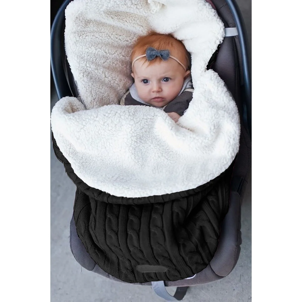 ถุงนอนทารกแรกเกิดฤดูหนาวรถเข็นเด็กผ้าห่ม Footmuff หนานุ่มอบอุ่นถักโครเชต์ขนสัตว์ Swaddle Wrap ทารก Sleep Sack