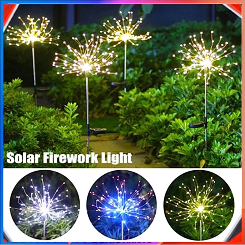 Nuevas luces solares de fuegos artificiales de 420LED, luces solares impermeables para exteriores para jardín, 8 modos de iluminación con luz decorativa con Control remoto
