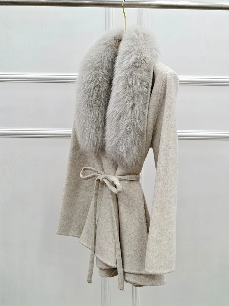 Casacos de lã femininos de inverno de alta qualidade, casaco de caxemira de dupla face com gola de pele real e cinto, jaqueta de luxo para mulheres, roupas quentes de outono
