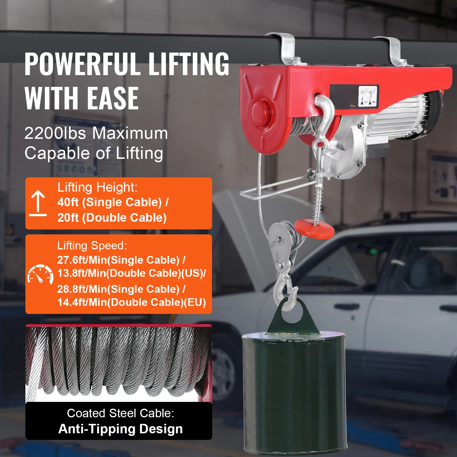 SucceBuy 2200 lbs Talha elétrica de eslingas simples/duplos Talha de guindaste com controle sem fio/com fio Guincho elétrico para garagem