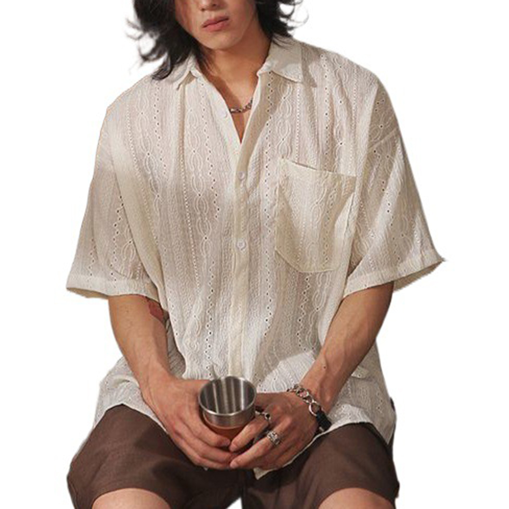 Masculino casual solto oco camisas de manga curta com bolsos retro moda férias/diário all-match topos cor sólida