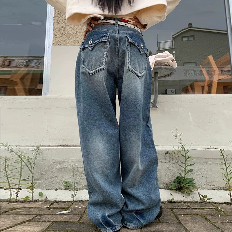 レトロハイウエストワイドレッグジーンズレディースロングパンツバックポケットデザイン多用途ヴィンテージスタイル秋のファッションレディースデニム