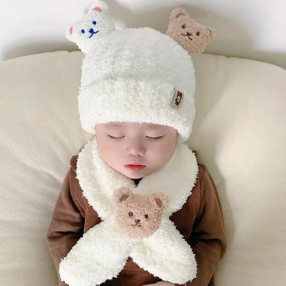 2 pçs dos desenhos animados urso bebê inverno chapéu cachecol conjunto crianças cachecóis quentes de pelúcia malha boné grosso proteção da orelha gorro infantil para menina menino