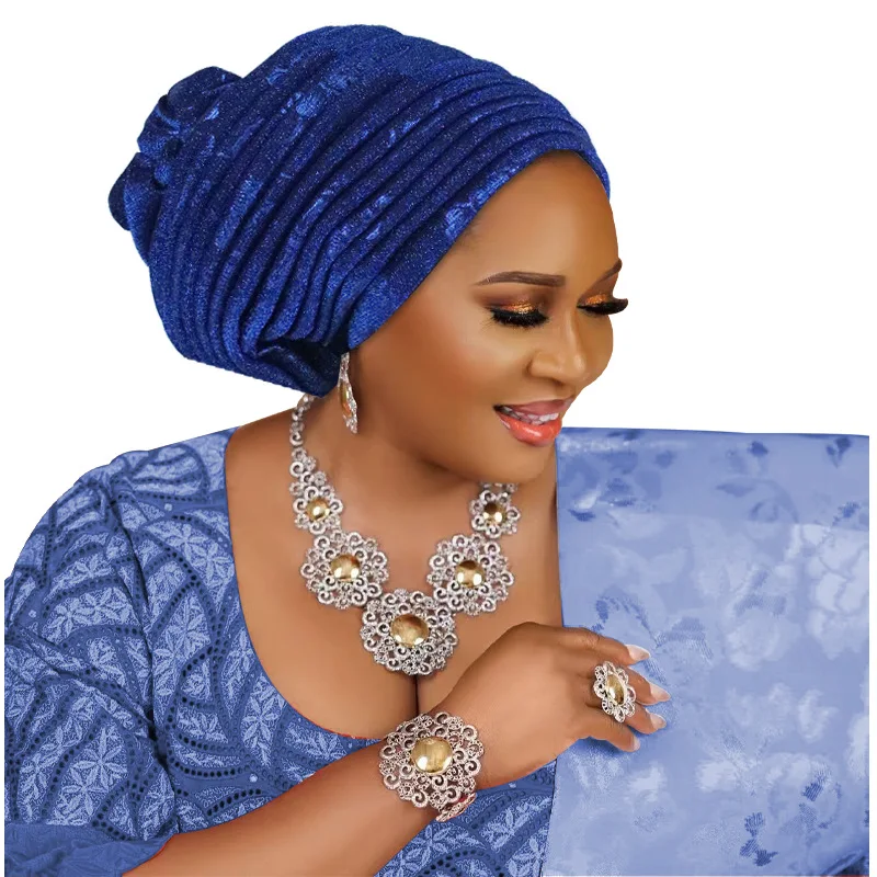 Senhora africana headpiece muçulmano lenço chapéu glitter tecido turbante boné para mulher plissado cabeça envolve gorro