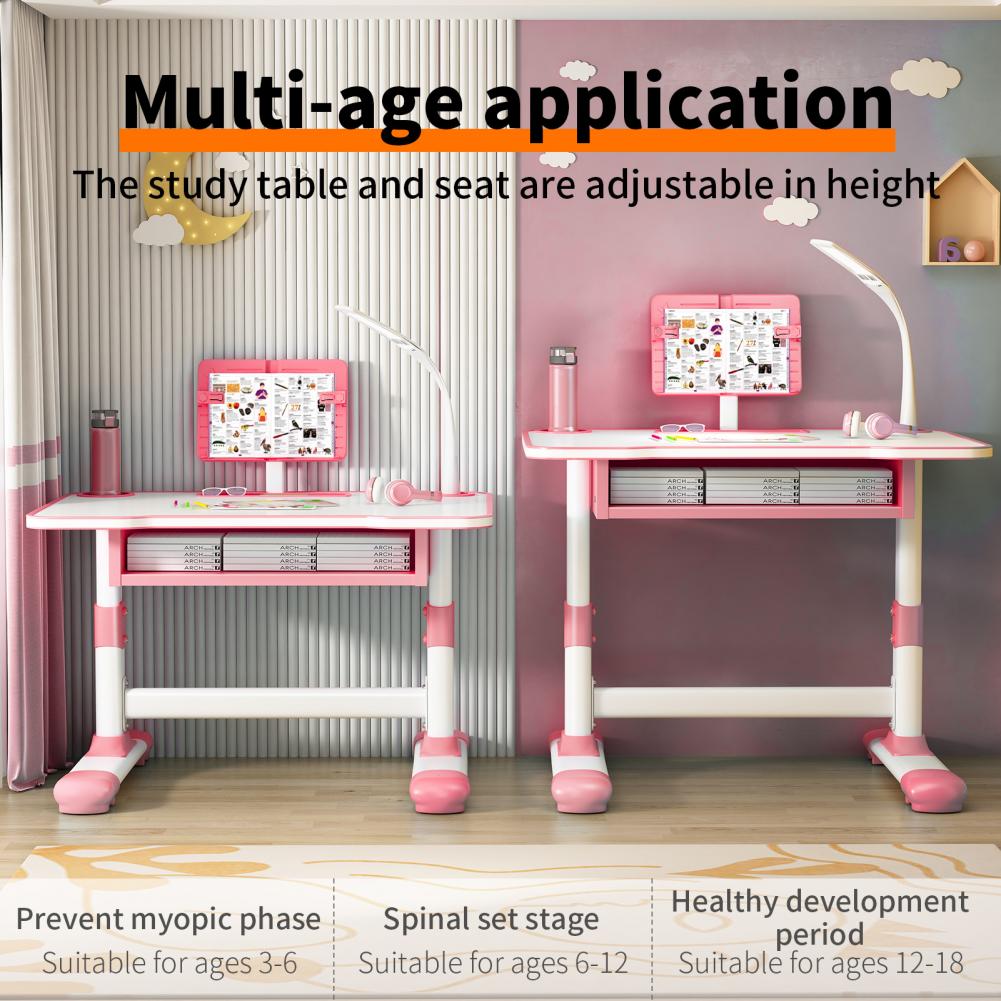 1 Set Ergonomic Kids Study Desk Chair Set, Height Adjustable, Learning Table Chair With LED Light And Drawer, For 3-18 Years