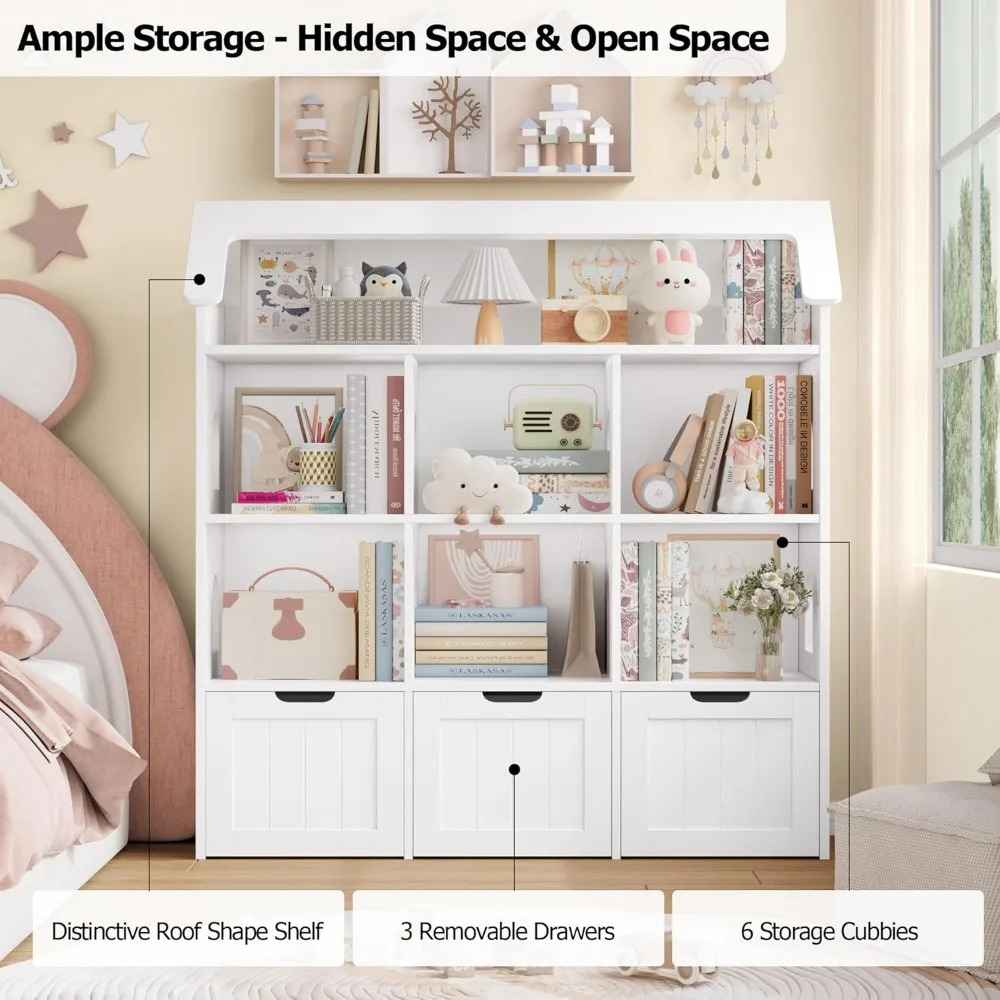 Toy Storage Organizer with House-Shaped Design, Kids Bookshelf Dollhouse Bookcase with 3 Movable Drawers and 6 Storage Cubbies