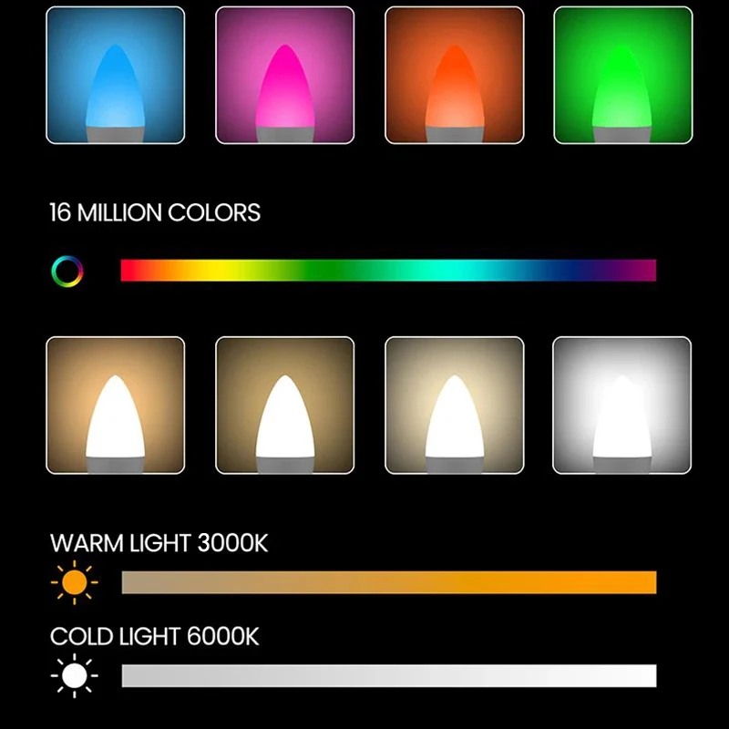 EWelink E14 Candle Lamp Smart Wifi 100-240V RGB 3000-6000K Dimmable Smart LED Light Bulbs Bedroom Living Room Voice Control