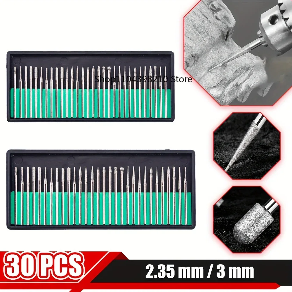 30 pz Diamante Rettifica Bava Punta Dell'ago Incisione Intaglio Lucidatura Per Il Vetro Giada Pietra 2.35/3mm Punta da trapano Set di Utensili Rotanti