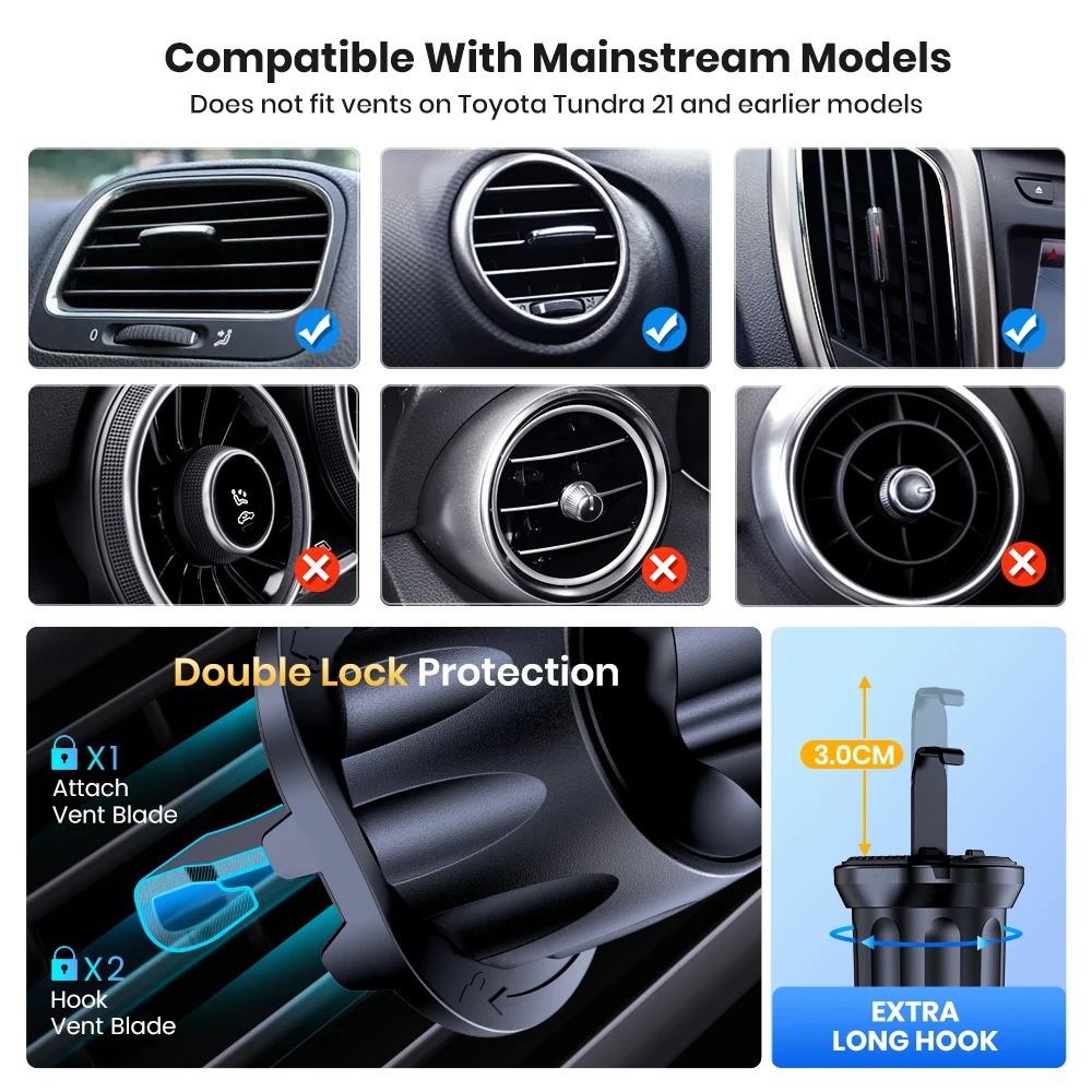 新しい自動車電話ホルダースタンドマウントアップグレード自動ロックユニバーサル電話ホルダーフッククリップ付き車のエアベント用iPhoneサムスン