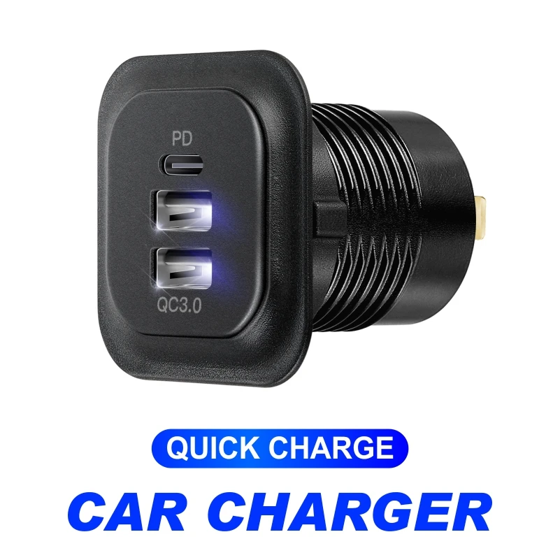 Автомобильное зарядное устройство PD3.0 и QC3.0, два порта USB C со светодиодной подсветкой, быстрая зарядка 12 В/24 В для адаптера Moto