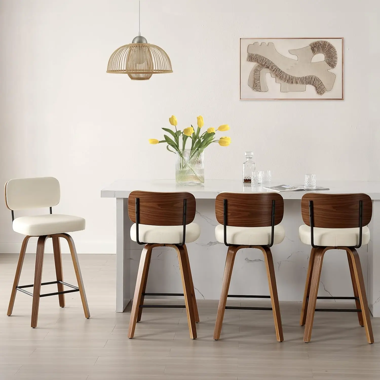 Swivel Counter Height Bar Stools Set of 4, 26" Upholstered Faux Leather Barstools,Mid Century Modern Chair Island ,Cream White