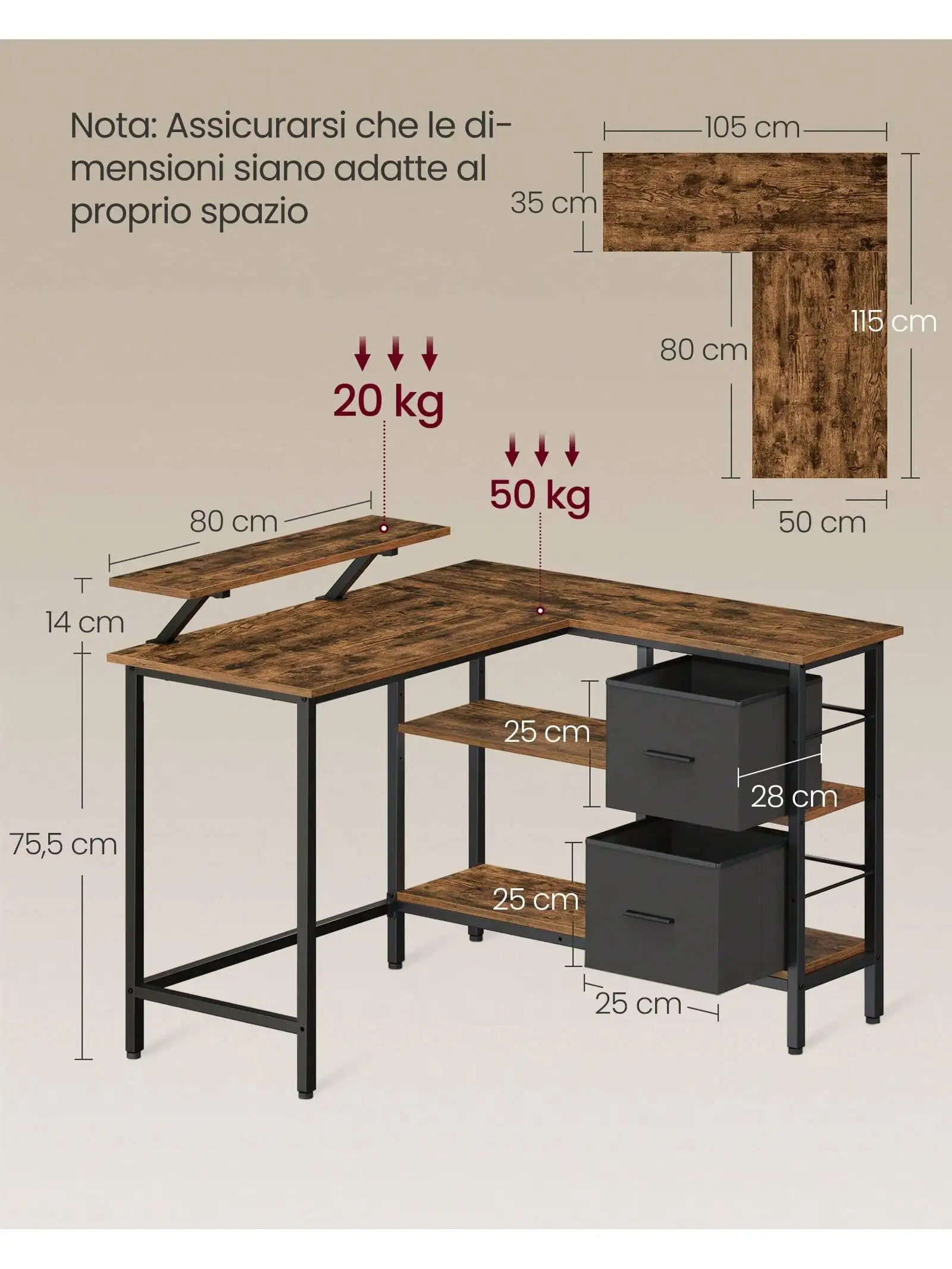 VASAGLE Scrivania a L con 2 Ampi Cesti, Scrivania per Computer con Supporto per Monitor, Scrivania Angolare, Tavolo da Gaming con Ripiani Portaoggetti Regolabile, per Studio, Marrone Vintage/Nero Ebano