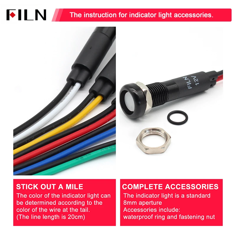 FILN 8mm symbol LED Indicator Light 12V 24V Black Metal Indicator Dash Pilot Light with Wire Car Dashboard  ruck Machinery