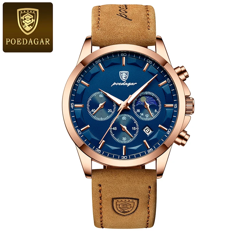 Reloj POEDAGAR de cuero genuino para hombre, cronómetro con calendario luminoso a la moda, reloj masculino resistente al agua con fase lunar, reloj de pulsera de cuarzo para hombre