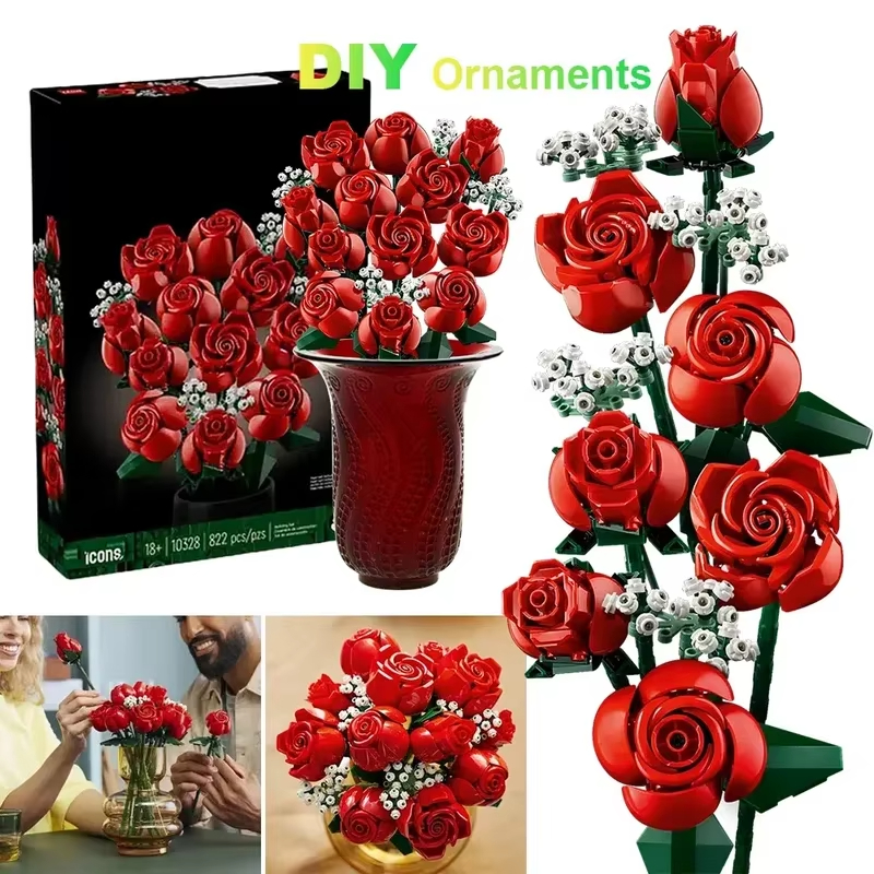 Buquê de rosas compatível com 10280, construção de flores artificiais, blocos de construção, brinquedos, presente de aniversário, decoração de casa