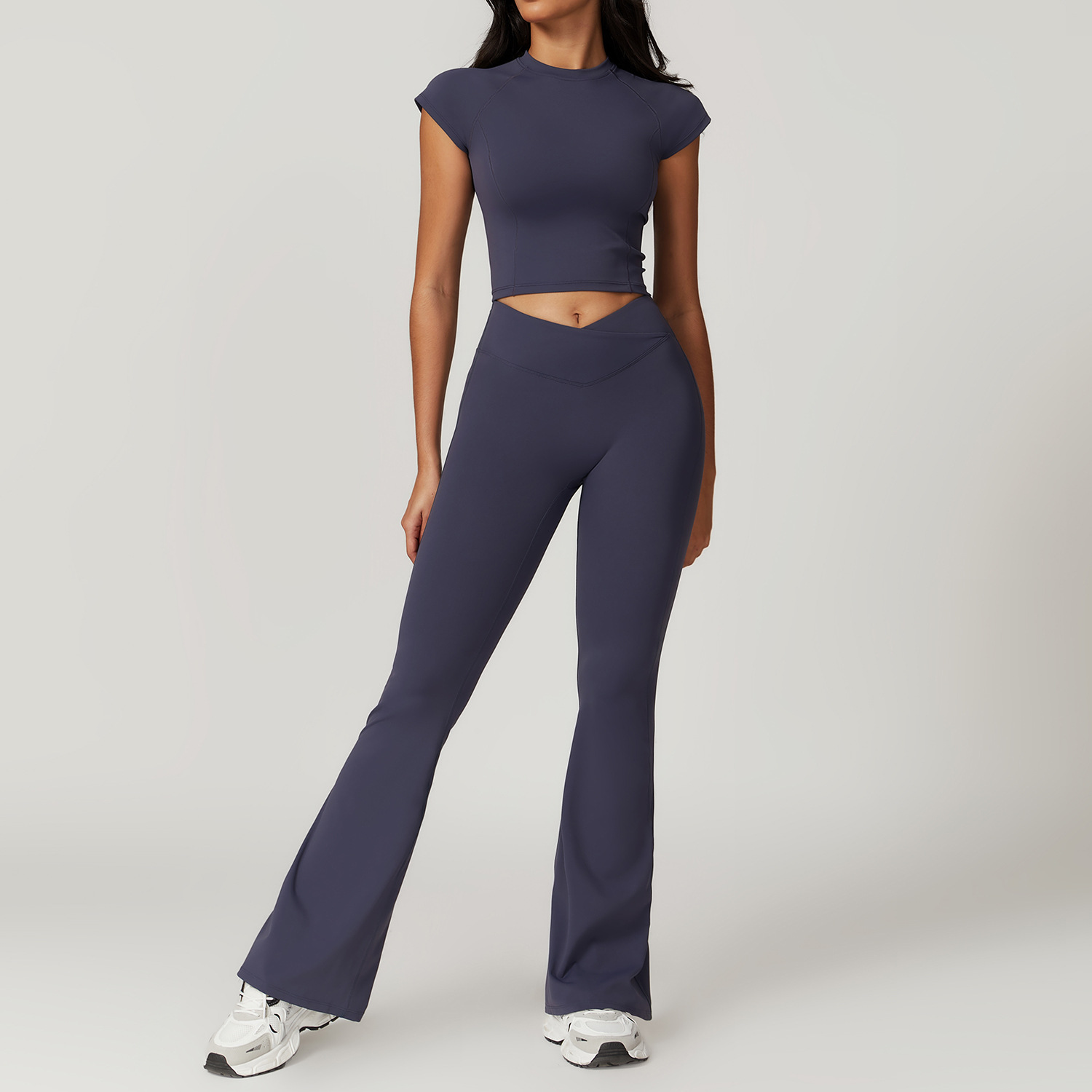 Traje de Yoga para gimnasio para mujer, conjunto deportivo ajustado, camisetas transpirables de entrenamiento, sujetador, Top corto de manga corta, pantalones acampanados, 2 uds.