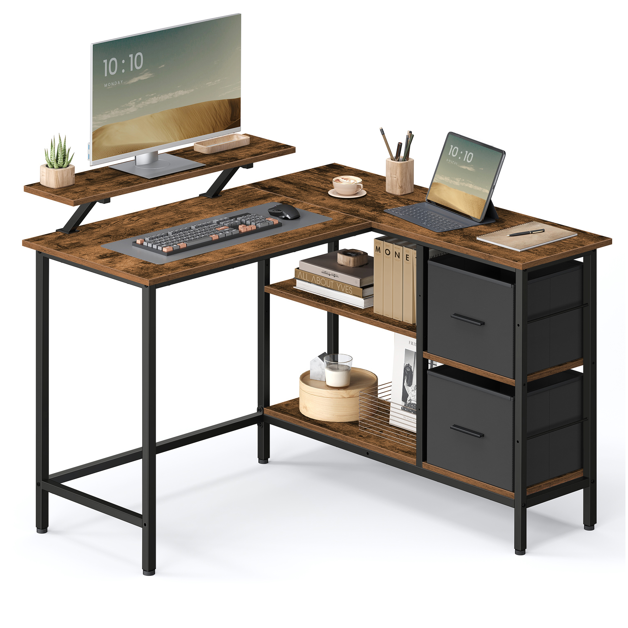 VASAGLE L-Shaped Desk with 2 Spacious Drawers, Gaming Desk with Monitor Stand, Corner Desk, Computer Desk, 115x105x89cm
