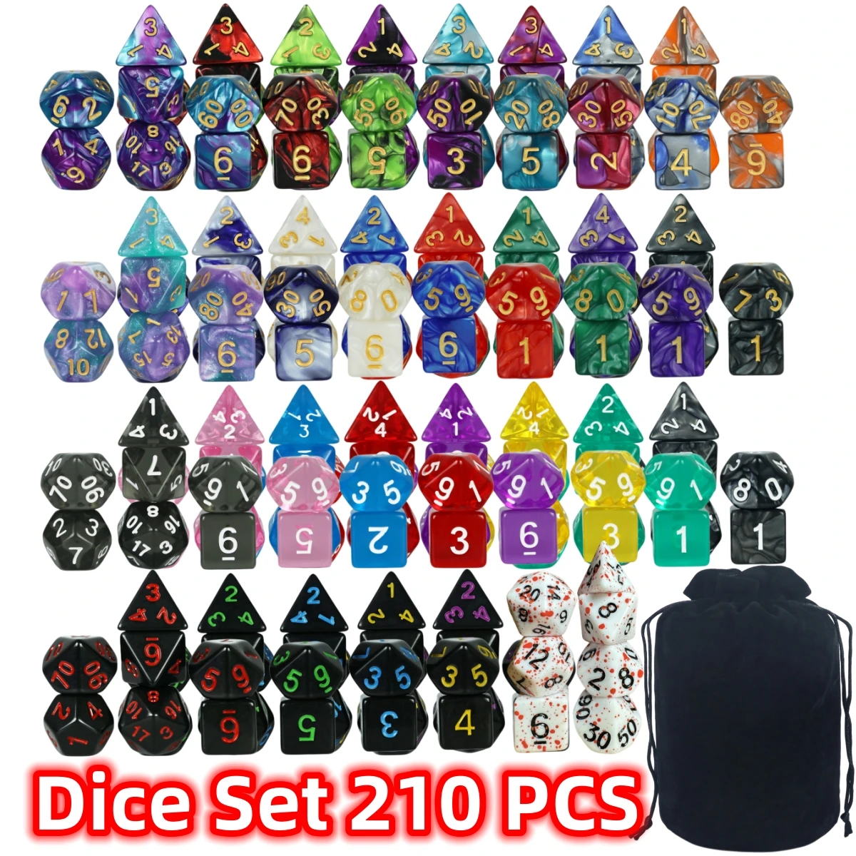 Würfelspiele Polyedrisches Würfelset Hochwertiges gemischtes Würfelset Mehrere wunderbare Stile mit Samtbeutel für DND-Spiel RPG-Brettspiel